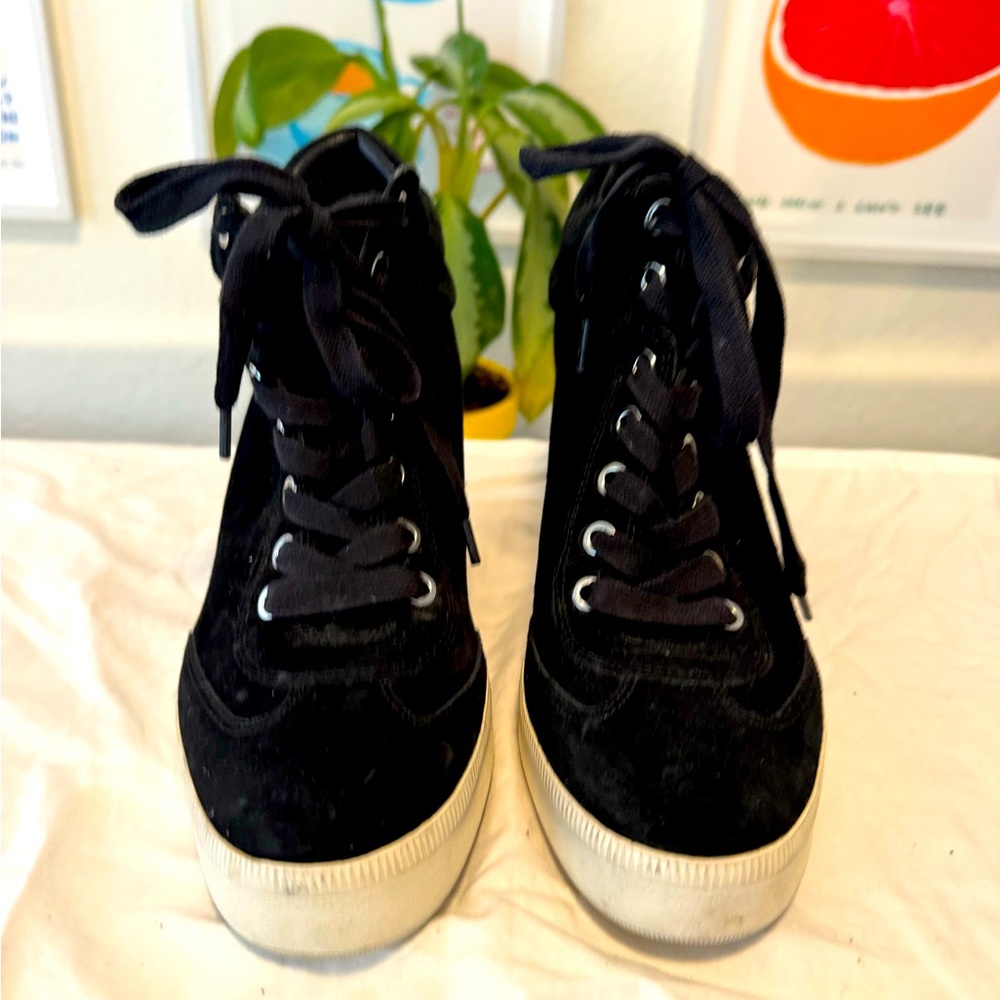 Via Spiga Black Suede Lace-Up Wedges